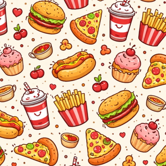Peel and Stick Wallpaper Various food doodle Seamless fast food 17.7in x 118in Contact Paper Removable Self Adhesive Wall Mural Wall Decor for Bedroom Kitchen Cabinets