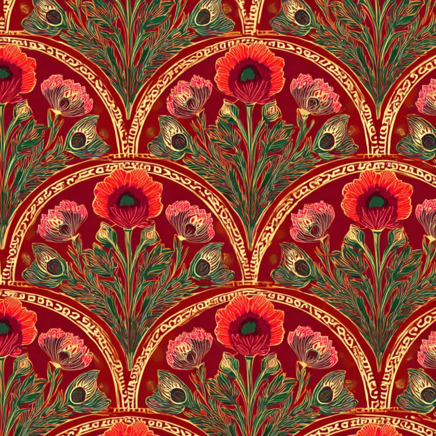 Peel and Stick Wallpaper Vibrant Floral Art Nouveau Rich Red Gold Accents Wall Mural 17.7in x 9.8ft Self Adhesive Removable Wall Paper Renter Friendly Wallpaper for Bedroom Livingroom Office