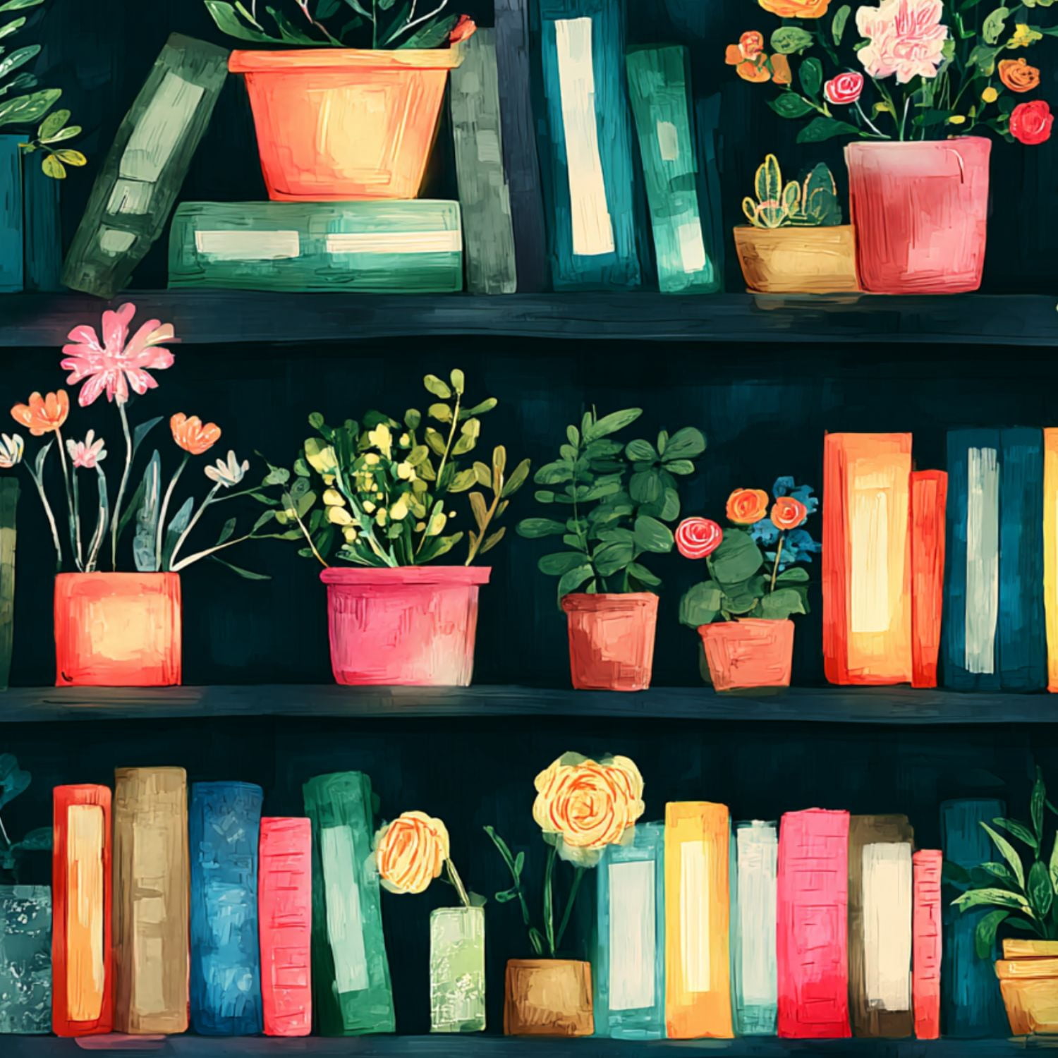 Peel and Stick Wallpaper Vibrant Floral Bookshelf Colorful Pots Plants Wall Mural 23.6in x 9.8ft Self Adhesive Removable Wall Paper Renter Friendly Wallpaper for Bedroom