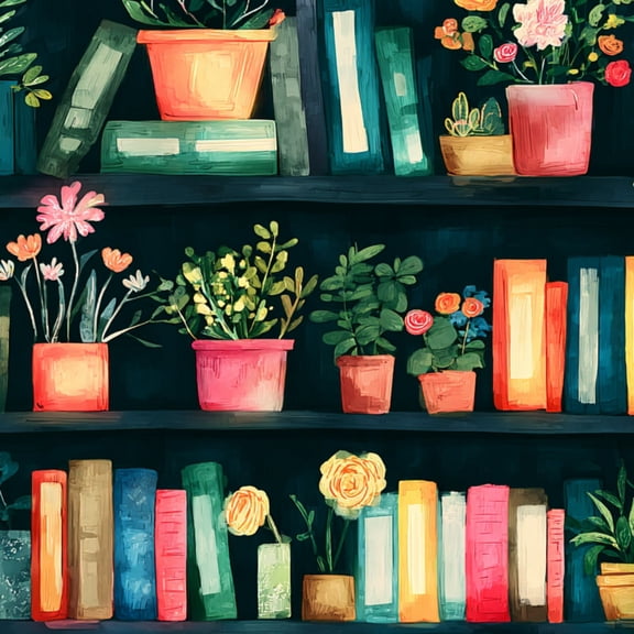 Peel and Stick Wallpaper Vibrant Floral Bookshelf Colorful Pots Plants Wall Mural 23.6in x 9.8ft Self Adhesive Removable Wall Paper Renter Friendly Wallpaper for Bedroom