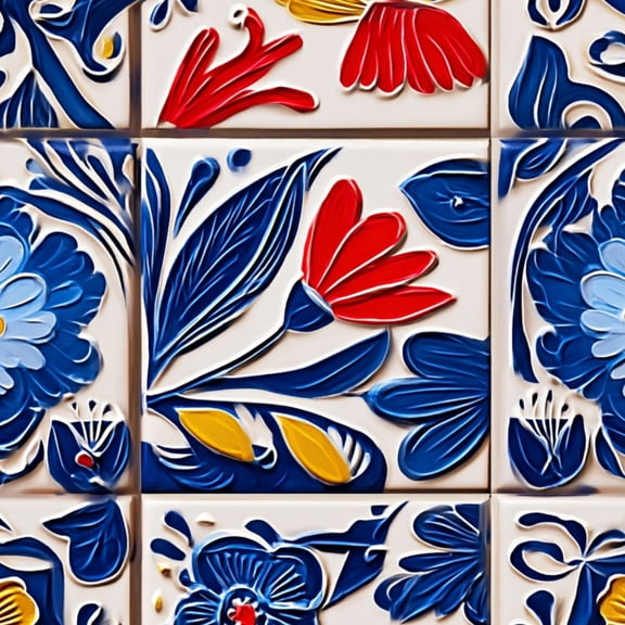 Peel and Stick Wallpaper Vibrant Floral Ceramic Tile Blue Red Yellow Flowers Wall Mural 17.7in x 9.8ft Self Adhesive Removable Wall Paper Renter Friendly Wallpaper for Nursery Bedroom Cabinets