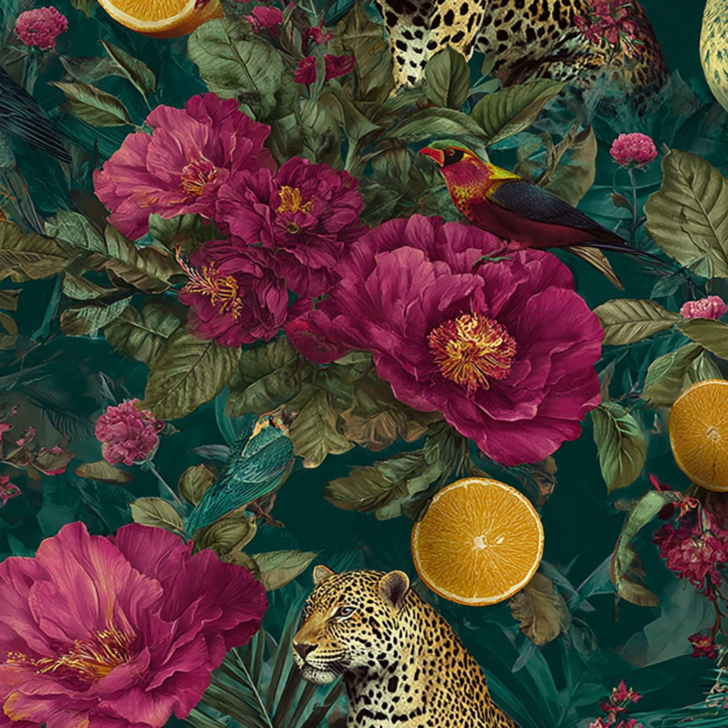 Peel and Stick Wallpaper Vibrant Jungle Leopards Large Pink Flowers Citrus Wall Mural 17.7in x 9.8ft Self Adhesive Removable Wall Paper Renter Friendly Wallpaper for Nursery Bedroom Cabinets