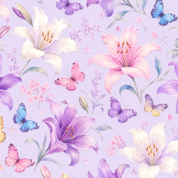 Peel and Stick Wallpaper Vibrant Lilies Butterflies Soft Purple Wall Mural 17.7in x 9.8ft Self Adhesive Removable Wall Paper Renter Friendly Wallpaper for Nursery Bedroom Cabinets
