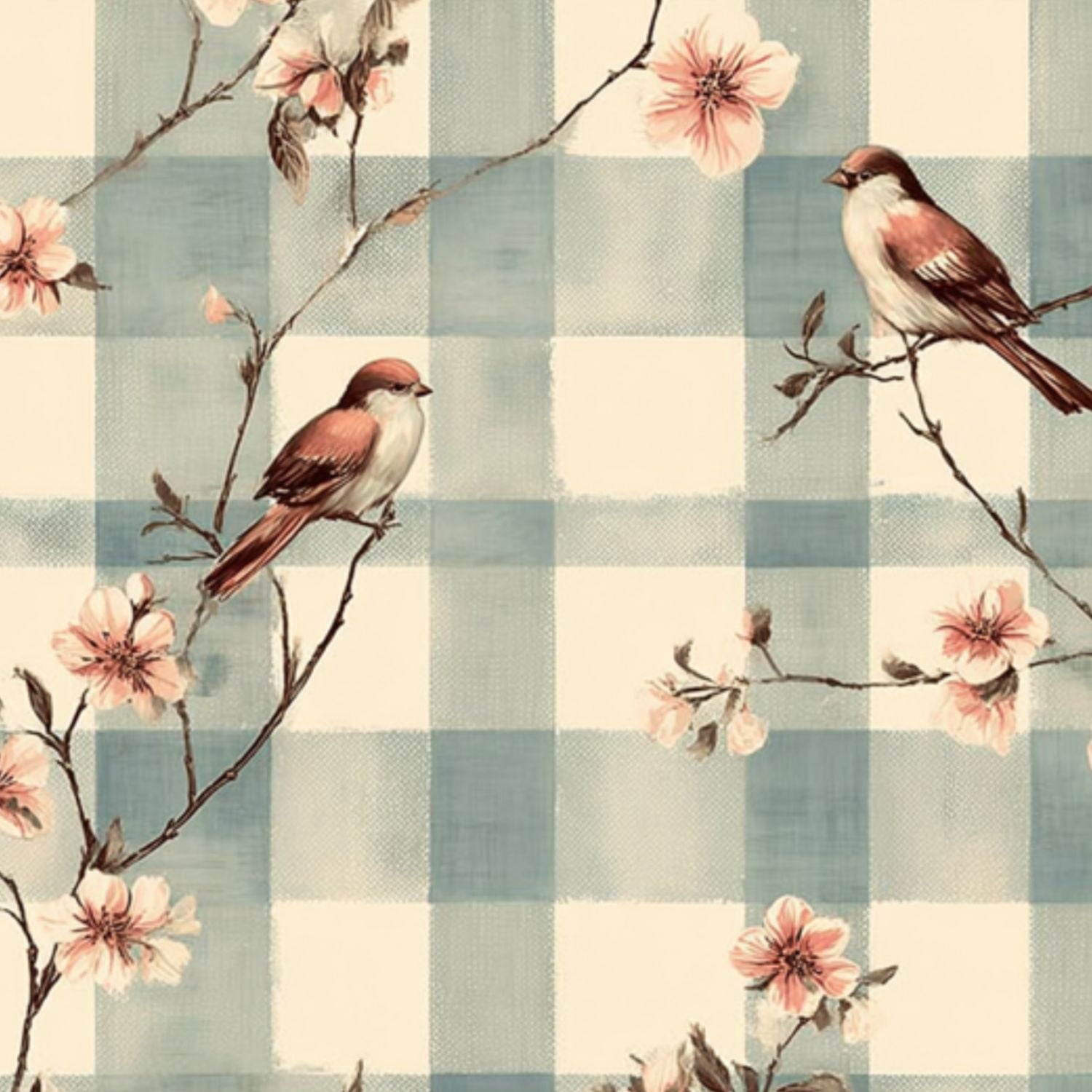 Peel and Stick Wallpaper Vintage Birds Floral Branches Blue White Checkered Wall Mural 17.7in x 9.8ft Self Adhesive Removable Wall Paper Renter Friendly Wallpaper for Nursery Bedroom Cabinets