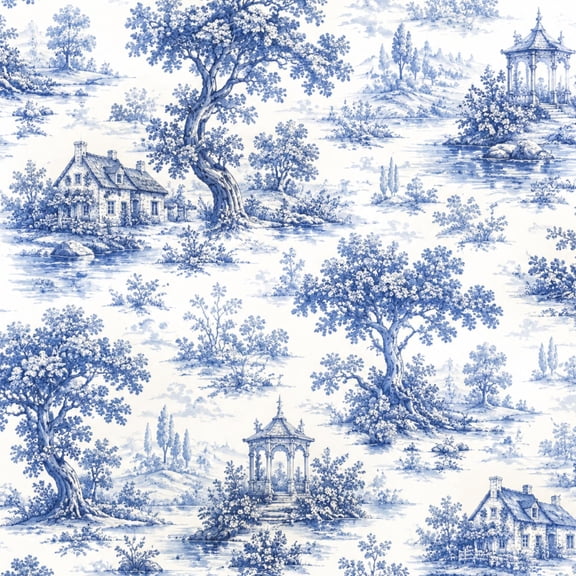Peel and Stick Wallpaper Vintage Blue Toile de Jouy Style Scenic Countryside Architecture 24in x 118in Contact Paper Removable Self Adhesive Wall Mural Wall Decor for Bedroom Kitchen Cabinets