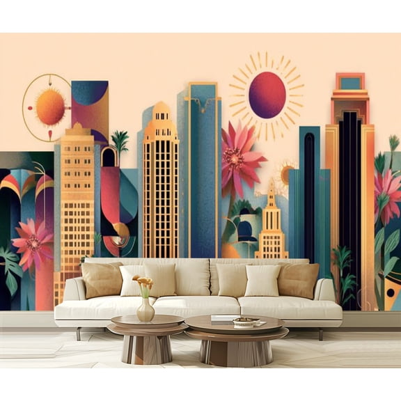 Peel and Stick Wallpaper Vintage Boho Boho Floral Abstract Sun Motifs Stylized Buildings Modern Art Wall Mural Decor Self Adhesive and Removable 69in x 98in