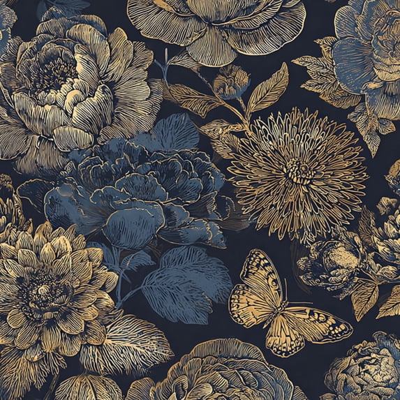 Peel and Stick Wallpaper Vintage Botanical Floral Gold Black classic Wall Mural 17.7in x 9.8ft Self Adhesive Removable Wall Paper Renter Friendly Wallpaper for Bedroom Livingroom Office