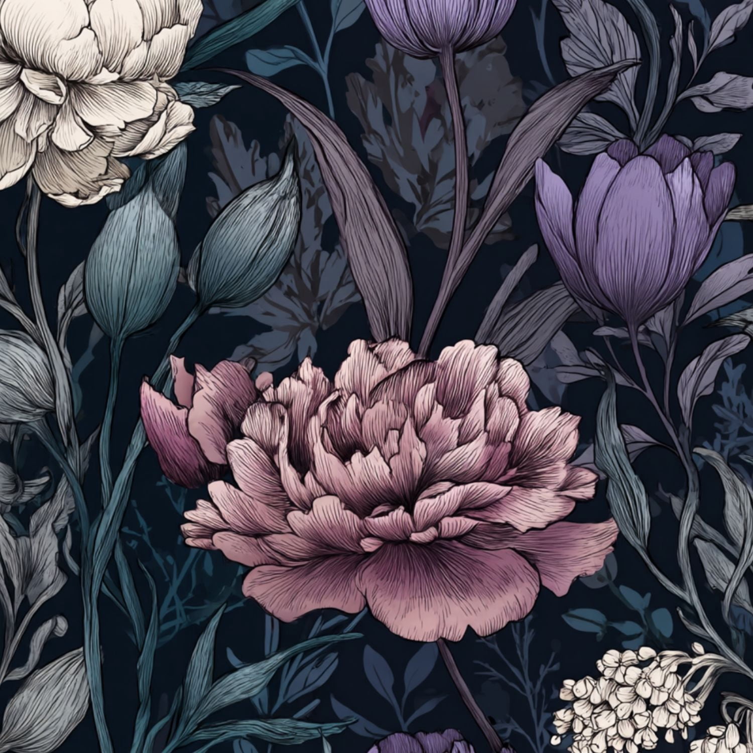 Peel and Stick Wallpaper Vintage Botanical Floral Peonies Tulips Dark Wall Mural 23.6in x 9.8ft Self Adhesive Removable Wall Paper Renter Friendly Wallpaper for Bedroom