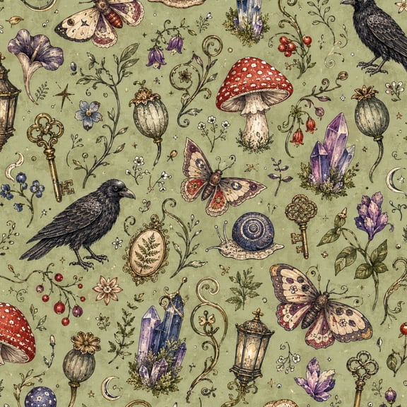 Peel and Stick Wallpaper Vintage Botanical Mushrooms Moths Crystals Ravens Green Wall Mural 17.7in x 9.8ft Self Adhesive Removable Wall Paper Renter Friendly Wallpaper for Nursery Bedroom Cabinets