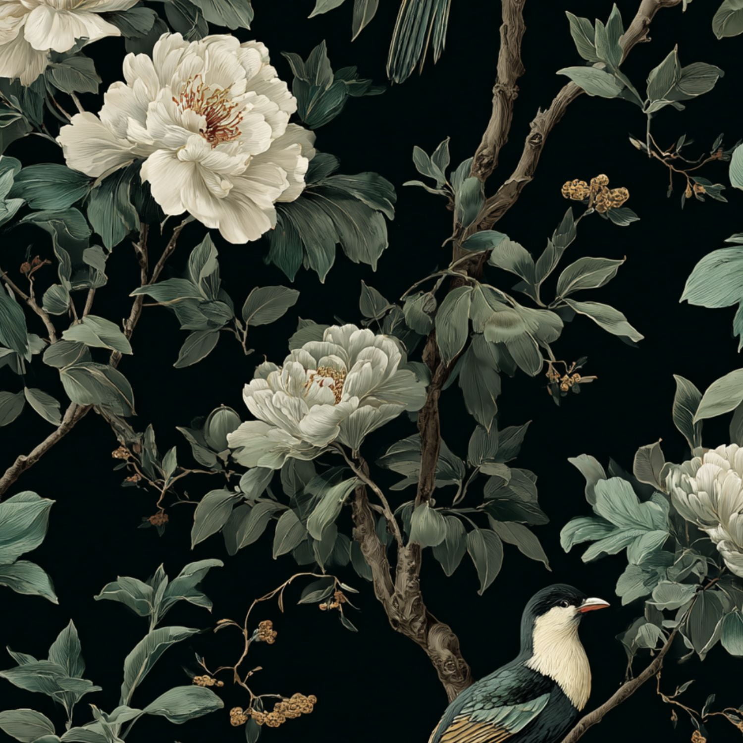 Peel and Stick Wallpaper Vintage Botanical White Peonies Birds Dark Green Wall Mural 23.6in x 9.8ft Self Adhesive Removable Wall Paper Renter Friendly Wallpaper for Girls Women Bedroom Livingroom