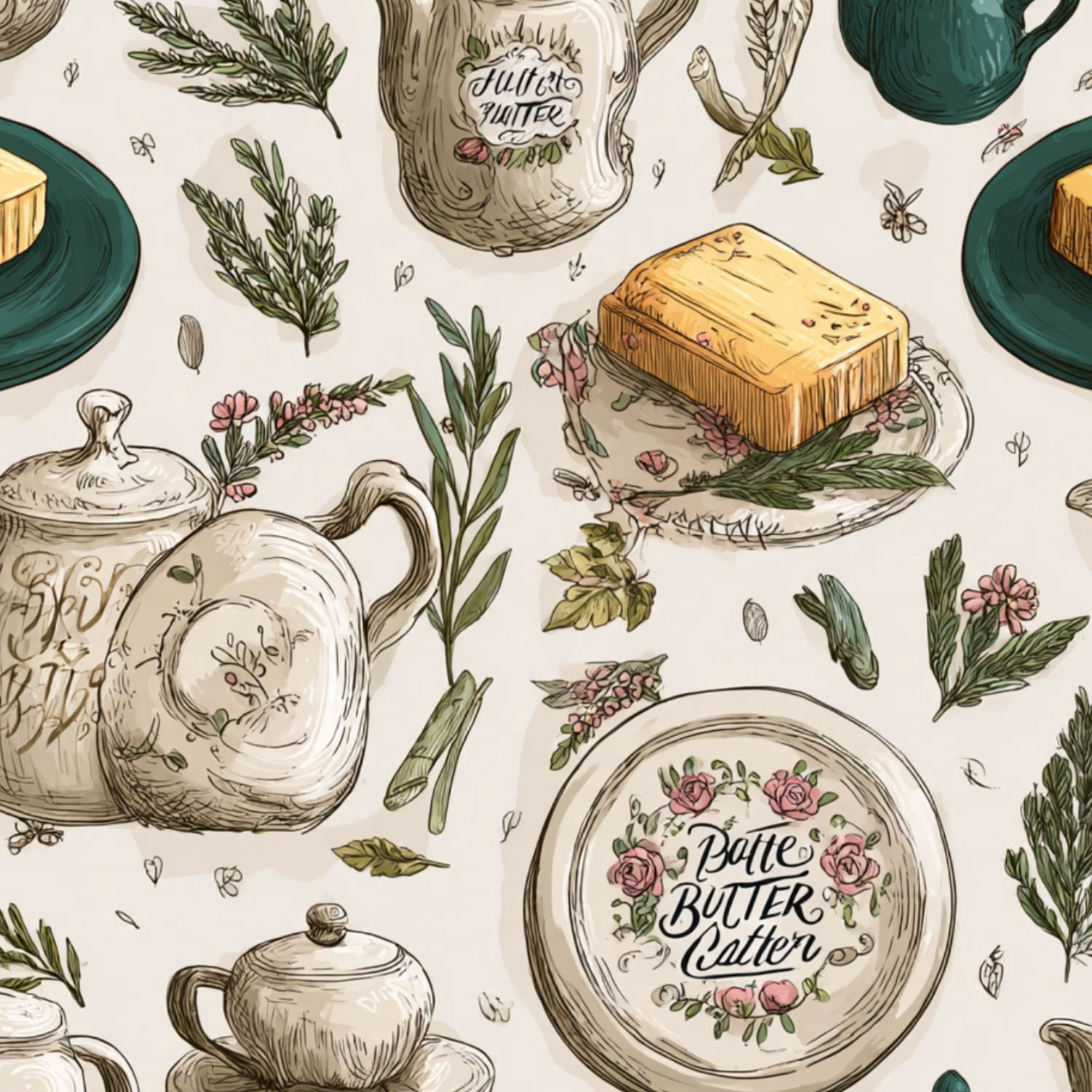 Packging For Tea Peel and Stick Wallpaper Vintage Butter Teapots Plates Ceramic Tea Cups ...