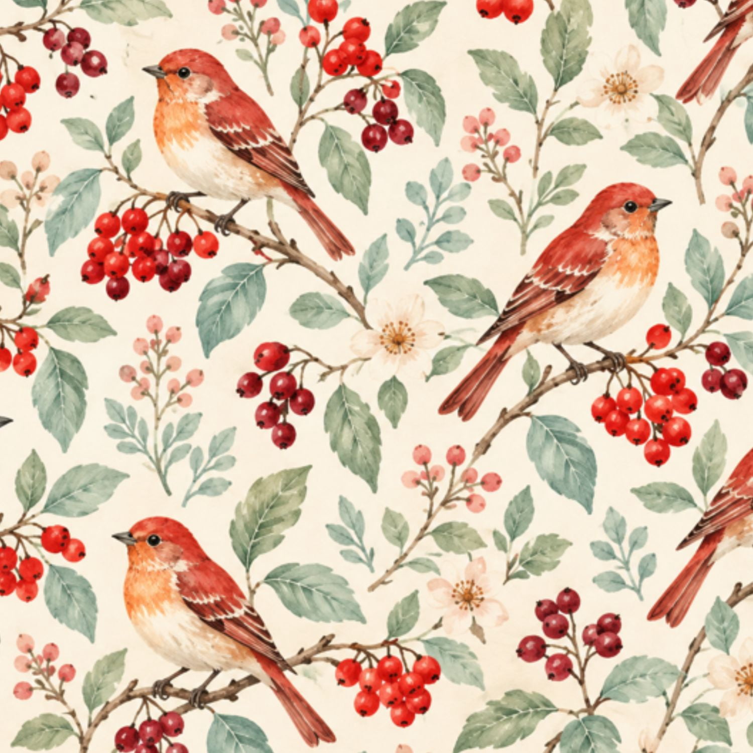 Peel and Stick Wallpaper Vintage Cardinal Birds floral 17.7