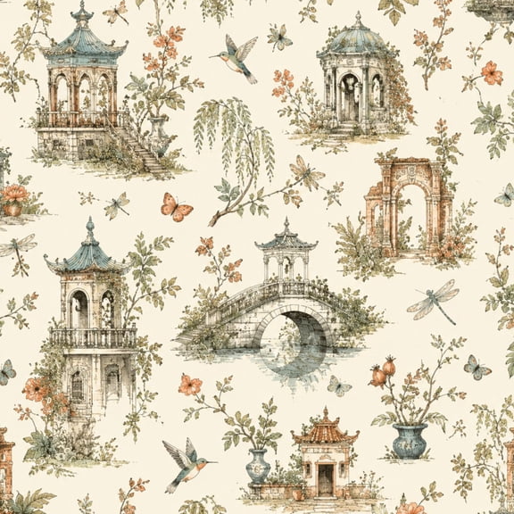 Peel and Stick Wallpaper Vintage Chinoiserie Landscape Ornate Pagodas Nature Motifs 24in x 118in Contact Paper Removable Self Adhesive Wall Mural Wall Decor for Bedroom Kitchen Cabinets