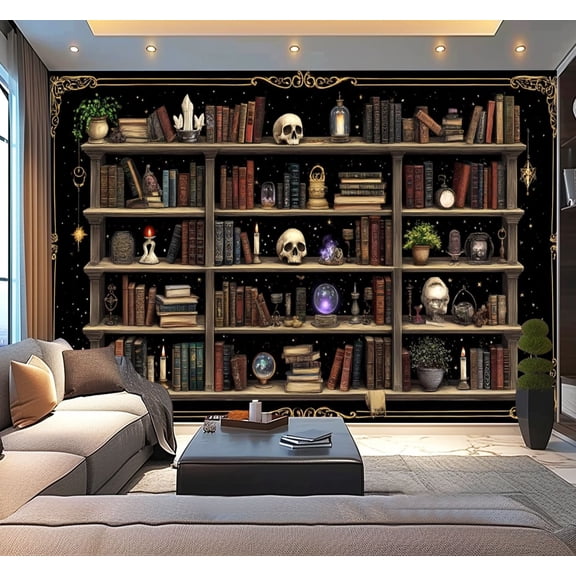 Peel and Stick Wallpaper Vintage Classic Bookshelf Magic Tapestries Books Skulls Candles Modern Art Wall Mural Decor Self Adhesive and Removable 100in x 144in