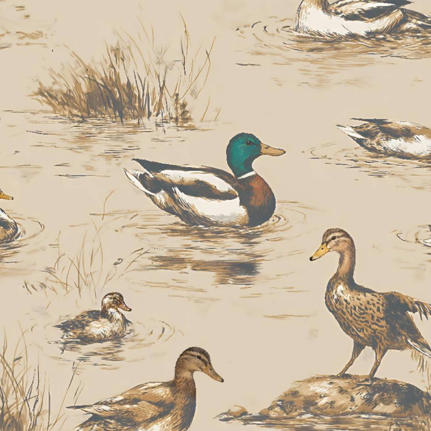 Peel and Stick Wallpaper Vintage Ducks Swimming Wading Pond Wall Mural 23.6in x 9.8ft Self Adhesive Removable Wall Paper Renter Friendly Wallpaper for Nursery Bedroom Cabinets