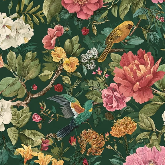 Peel and Stick Wallpaper Vintage Floral Bird Peonies Vibrant Hummingbirds Wall Mural 17.7in x 9.8ft Self Adhesive Removable Wall Paper Renter Friendly Wallpaper for Nursery Bedroom Cabinets