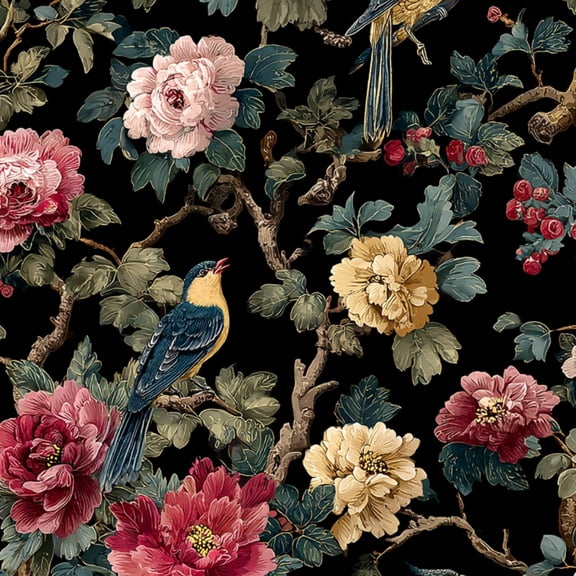 Peel and Stick Wallpaper Vintage Floral Birds Peonies Roses Black Wall Mural 17.7in x 9.8ft Self Adhesive Removable Wall Paper Renter Friendly Wallpaper for Nursery Bedroom Cabinets