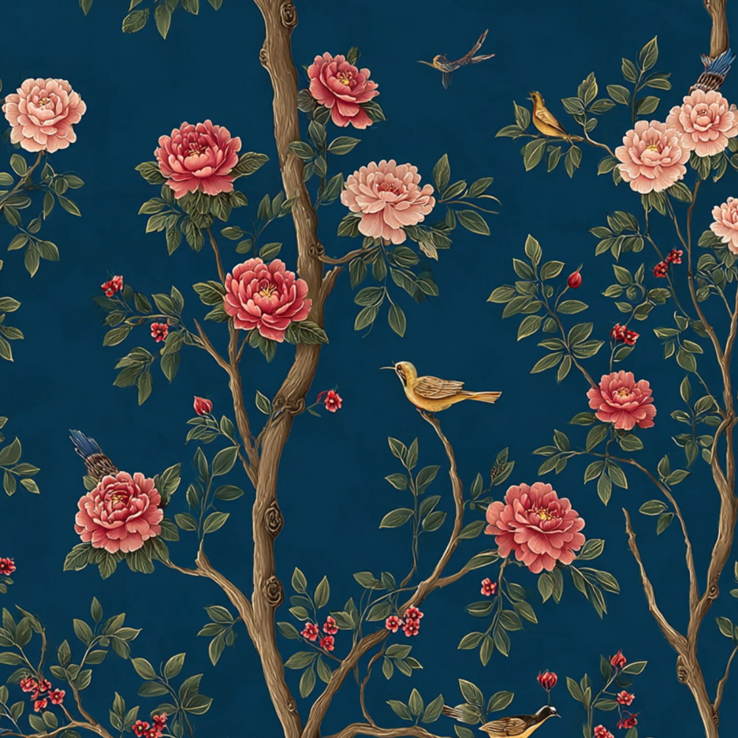 Peel and Stick Wallpaper Vintage Floral Birds Peony Flowers Deep Blue Wall Mural 23.6in x 9.8ft Self Adhesive Removable Wall Paper Renter Friendly Wallpaper for Nursery Bedroom Cabinets