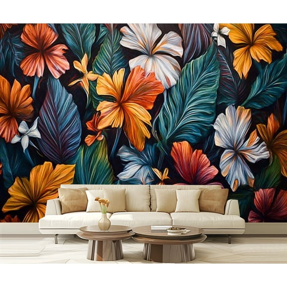 Peel and Stick Wallpaper Vintage Floral Black Bronze Navy White Tropical Leaves Exotic Flowers Modern Art Wall Mural Decor Self Adhesive and Removable 69in x 98in