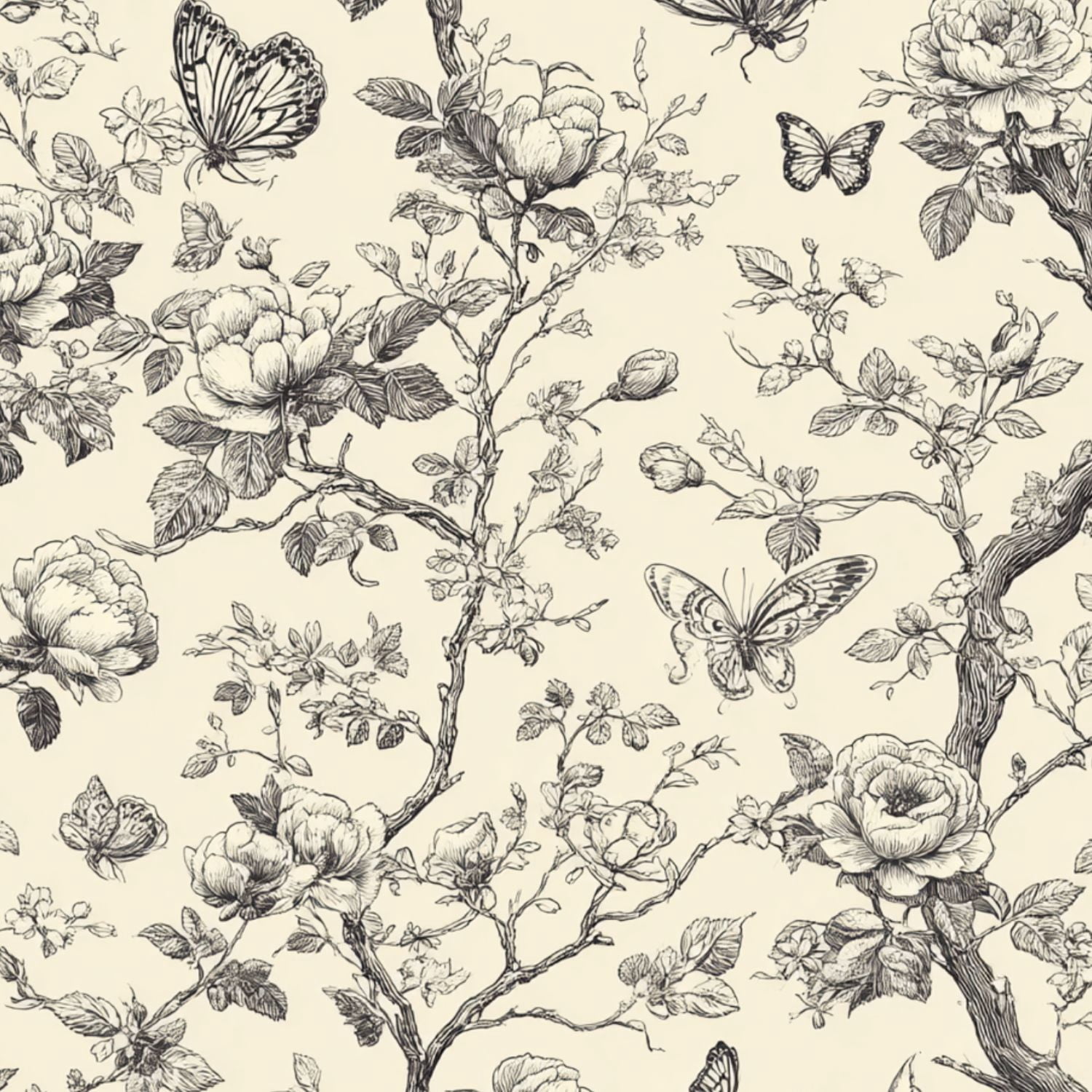 Peel and Stick Wallpaper Vintage Floral Butterfly Botanical Monochrome Line Art 17.7in x 118in Contact Paper Removable Self Adhesive Wall Mural Wall Decor for Bedroom Kitchen Cabinets