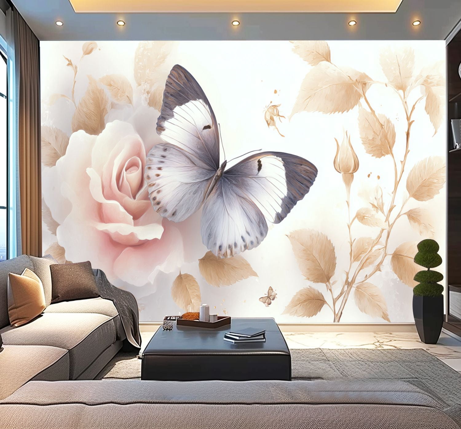 Peel and Stick Wallpaper Vintage Floral Cream Beige Flower Farmhouse Rose Butterfly Leaves Buds Modern Art Wall Mural Decor Self Adhesive and Removable 100in x 144in