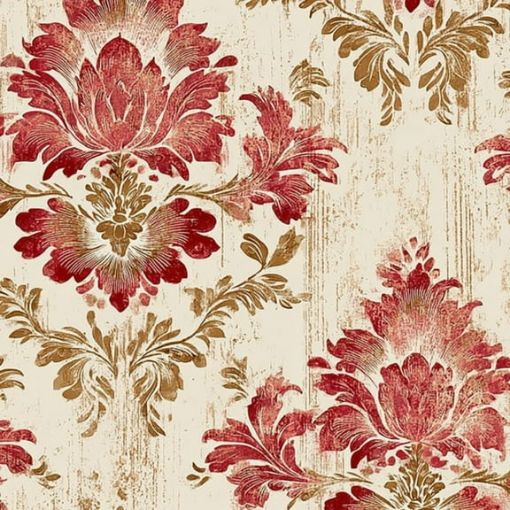 Peel and Stick Wallpaper Vintage Floral Damask Red Gold Accents Beige Wall Mural 23.6in x 9.8ft Self Adhesive Removable Wall Paper Renter Friendly Wallpaper for Nursery Bedroom Cabinets