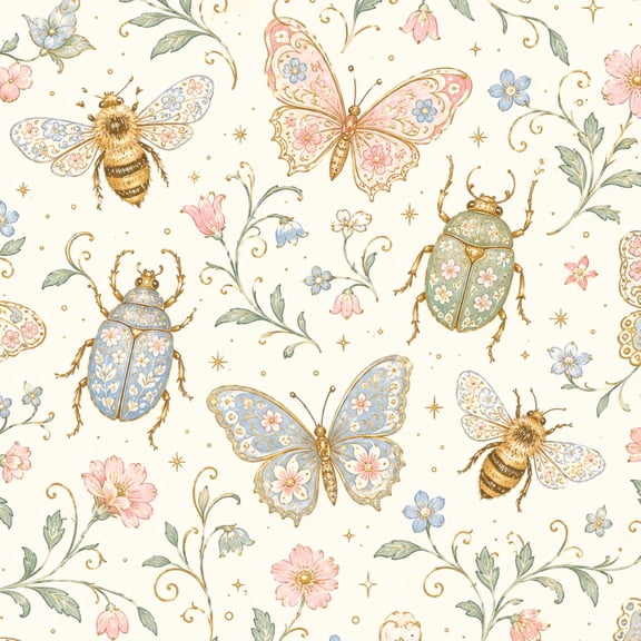 Peel and Stick Wallpaper Vintage Floral Decorative Butterflies Bees Beetles Wall Mural 17.7in x 9.8ft Self Adhesive Removable Contact Paper Renter Friendly for Bedroom Living Room Cabinets