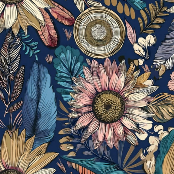 Peel and Stick Wallpaper Vintage Floral Feather Sunflowers Navy Blue Wall Mural 23.6in x 9.8ft Self Adhesive Removable Wall Paper Renter Friendly Wallpaper for Nursery Bedroom Cabinets