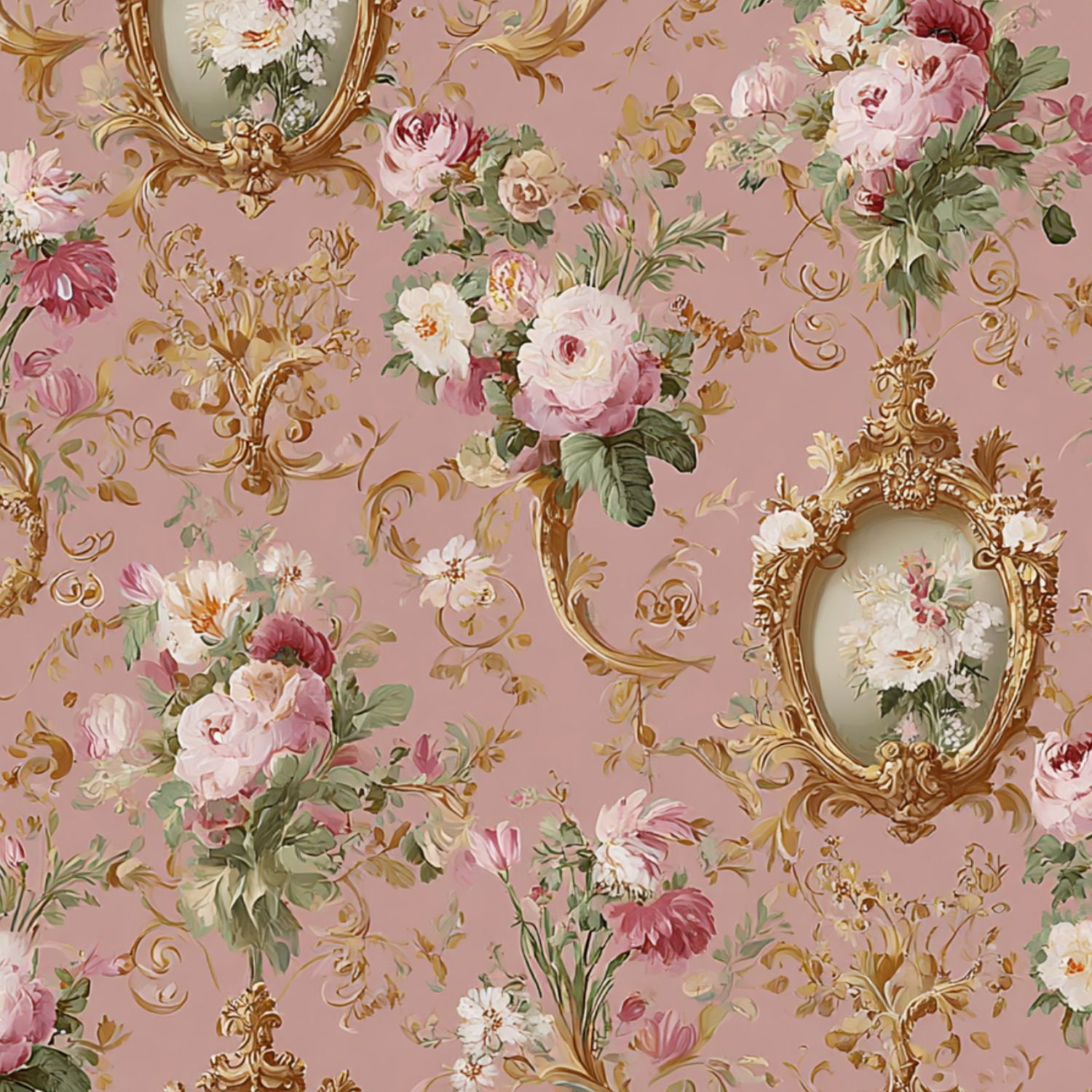 Peel and Stick Wallpaper Vintage Floral Gold Frames Soft Pink Wall Mural 17.7in x 9.8ft Self Adhesive Removable Wall Paper Renter Friendly Wallpaper for Bedroom