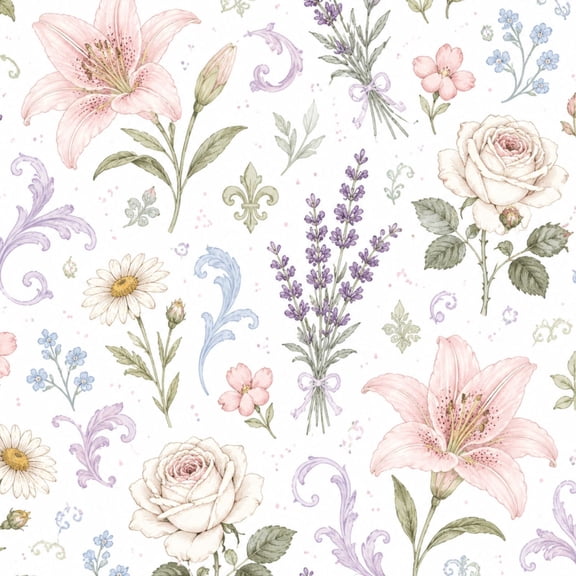 Peel and Stick Wallpaper Vintage Floral Lilies Roses Lavender White Wall Mural 17.7in x 9.8ft Self Adhesive Removable Wall Paper Renter Friendly Wallpaper for Nursery Bedroom Cabinets