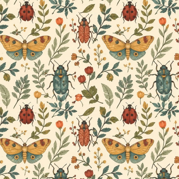Peel and Stick Wallpaper Vintage Floral Moths Ladybugs Leaves Beige Wall Mural 17.7in x 9.8ft Self Adhesive Removable Wall Paper Renter Friendly Wallpaper for Bedroom Living Room Cabinets