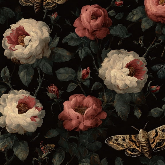 Peel and Stick Wallpaper Vintage Floral Roses Butterflies Moths Dark Wall Mural 23.6in x 9.8ft Self Adhesive Removable Wall Paper Renter Friendly Wallpaper for Teen Bedroom Livingroom