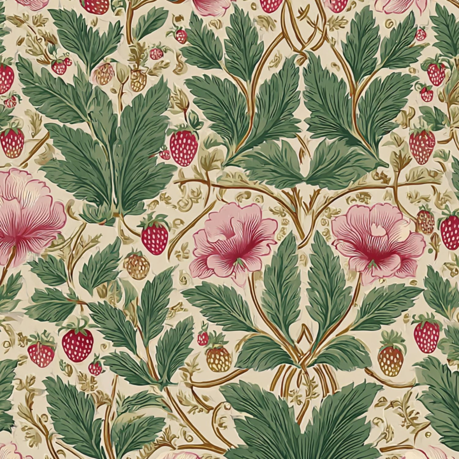 Peel and Stick Wallpaper Vintage Floral Strawberries Pink Flowers Beige ...
