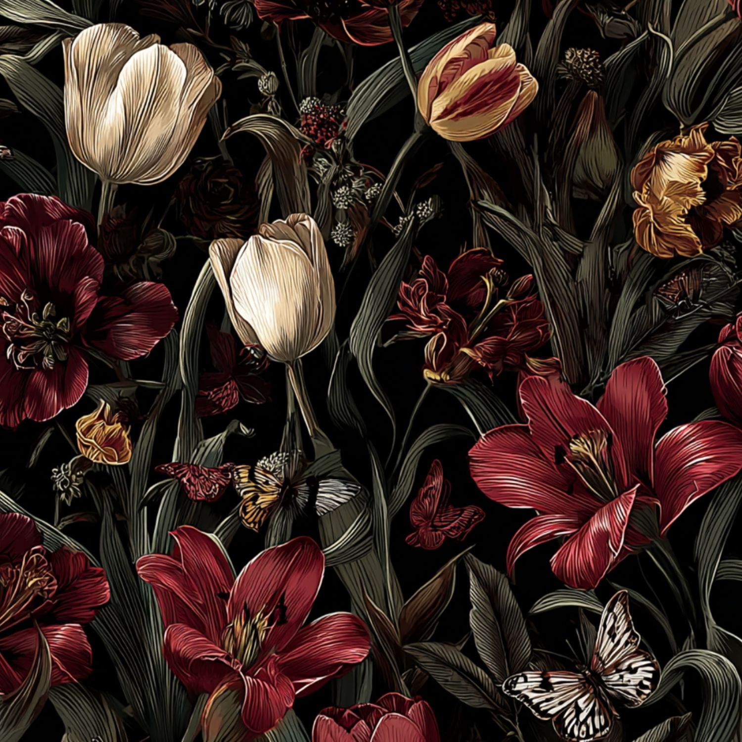 Peel and Stick Wallpaper Vintage Floral Tulips Lilies Butterflies Dark Wall Mural 17.7in x 9.8ft Self Adhesive Removable Wall Paper Renter Friendly Wallpaper for Nursery Bedroom Cabinets