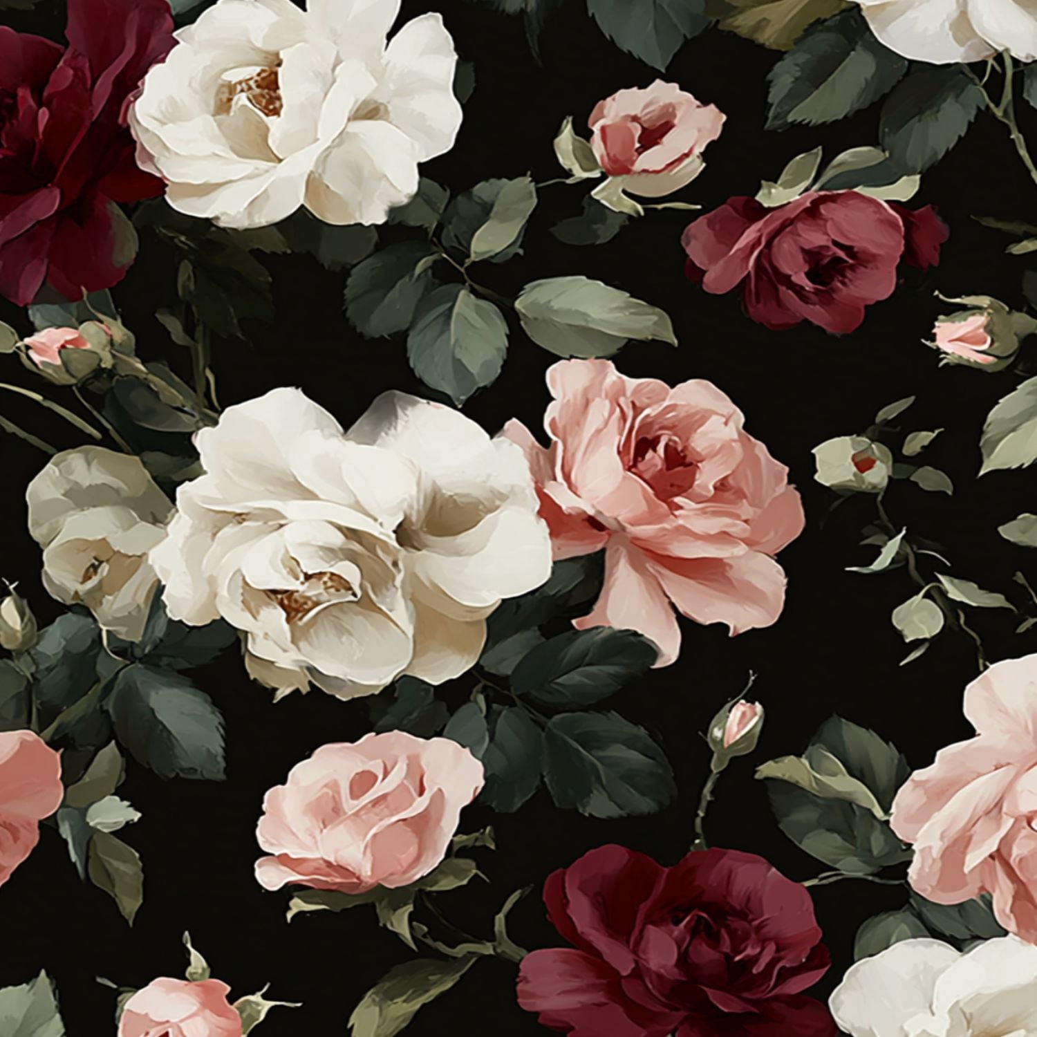 Peel and Stick Wallpaper Vintage Floral White Pink Red Roses Black Wall Mural 17.7in x 9.8ft Self Adhesive Removable Wall Paper Renter Friendly Wallpaper for Nursery Bedroom Cabinets