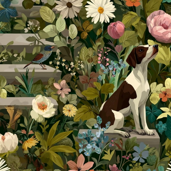 Peel and Stick Wallpaper Vintage Garden Dog Bird Floral Blooms 17.7in x 118in Contact Paper Removable Self Adhesive Wall Mural Wall Decor for Bedroom Kitchen Cabinets
