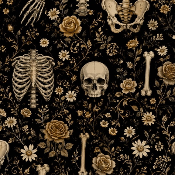 Peel and Stick Wallpaper Vintage Gothic Floral Human Skeleton Illustrations Black Wall Mural 17.7in x 9.8ft Self Adhesive Removable Wall Paper Renter Friendly Wallpaper for Dorm