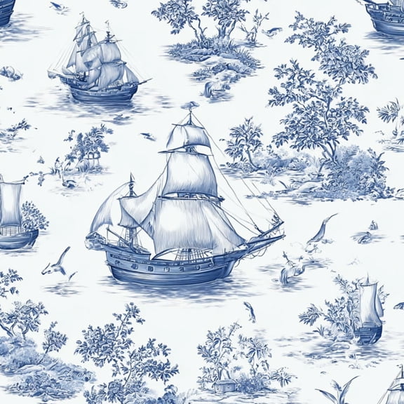 Peel and Stick Wallpaper Vintage Nautical Sailing Ships Toile Blue White Islands Wall Mural 23.6in x 9.8ft Self Adhesive Removable Wall Paper Renter Friendly Wallpaper for Nursery Bedroom Cabinets