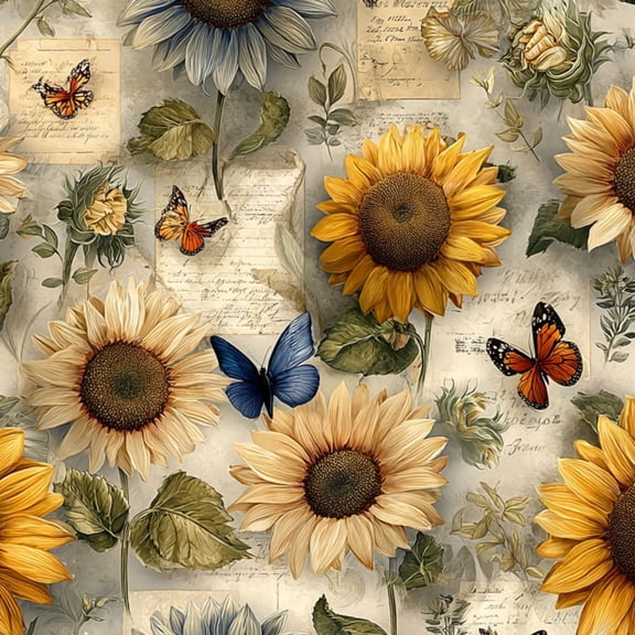 Peel and Stick Wallpaper Vintage Sunflowers Butterflies Botanical Notes Wall Mural 17.7in x 9.8ft Self Adhesive Removable Wall Paper Renter Friendly Wallpaper for Nursery Bedroom Cabinets