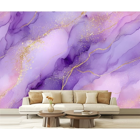 Peel and Stick Wallpaper Violet lavender liquid watercolor marble golden lines Pastel purple 100"x144" Contact Paper Removable Self Adhesive Wall Mural Wall Decor for Bedroom Kitchen Cabinets