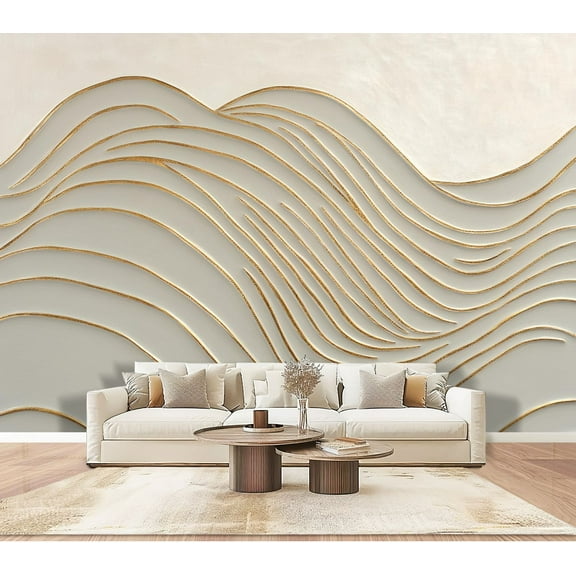 Peel and Stick Wallpaper Wall Murals Abstract White Gold Wave Lines Flowing Patterns 100"H x 144"W Removable PVC Wall Paper Self-Adhesive Wall Paintings Art Decor for Bedroom Living Room