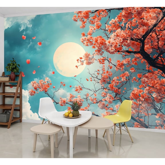 Peel and Stick Wallpaper Wall Murals Acoustical Decorative Cherry Blossom Tree Blue Sky 69"H x 96"W Removable Wall Paper Self-Adhesive Wall Decor for Bedroom Living Room Nursery