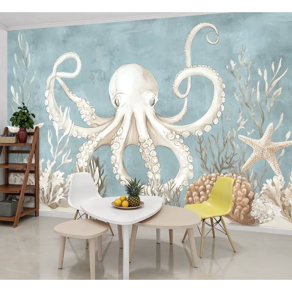 Peel and Stick Wallpaper Wall Murals Beach Decor Ocean Sea Turtle Octopus Coastal Teal 69"H x 96"W Removable Wall Paper Self-Adhesive Wall Decor for Bedroom Living Room Nursery