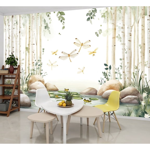 Peel and Stick Wallpaper Wall Murals Birch Lined Pond Frogs Dragonflies 69"H x 96"W Removable Wall Paper Self-Adhesive Wall Decor for Bedroom Living Room Nursery