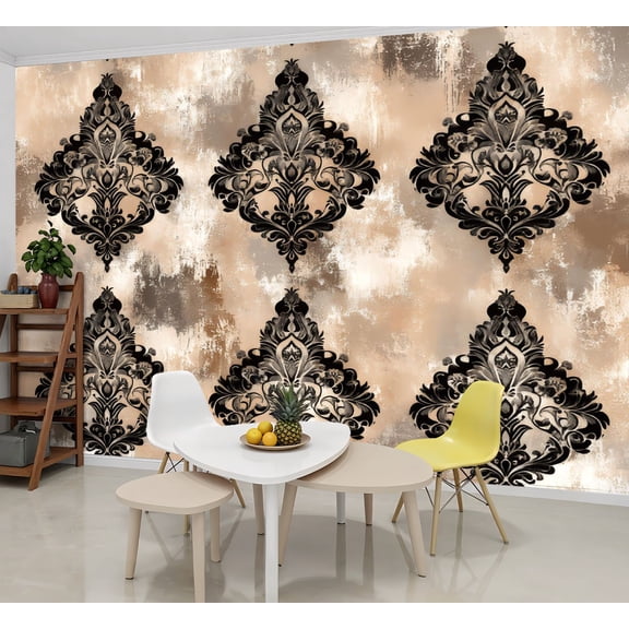 Peel and Stick Wallpaper Wall Murals Black Taupe Ornate Floral Motifs Symmetrical 69"H x 96"W Removable Wall Paper Self-Adhesive Wall Decor for Bedroom Living Room Nursery