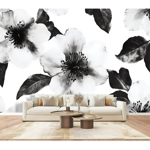 Peel and Stick Wallpaper Wall Murals Black White Peach Blossom Floral Ink Art Flowers 100"H x 144"W Removable PVC Wall Paper Self-Adhesive Wall Paintings Art Decor for Bedroom Living Room