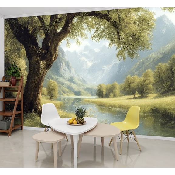 Peel and Stick Wallpaper Wall Murals Blue Tree Forest Landscape Rustic Nature River 69"H x 96"W Removable Wall Paper Self-Adhesive Wall Decor for Bedroom Living Room Nursery