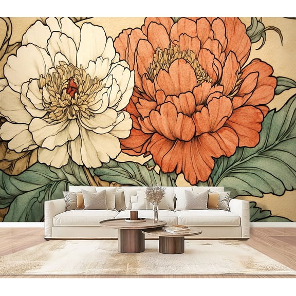 Peel and Stick Wallpaper Wall Murals Boho Brown Green Orange Peony Floral Vintage Peony 100"H x 144"W Removable PVC Wall Paper Self-Adhesive Wall Paintings Art Decor for Bedroom Living Room