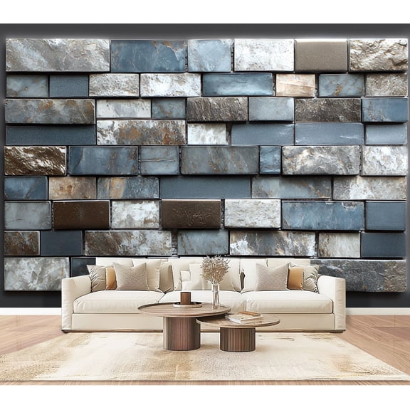 Peel and Stick Wallpaper Wall Murals Brick Stone Design Rectangular Tiles Blue Hues 100"H x 144"W Removable PVC Wall Paper Self-Adhesive Wall Paintings Art Decor for Bedroom Living Room