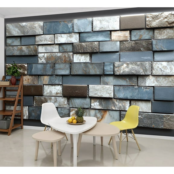 Peel and Stick Wallpaper Wall Murals Brick Stone Design Rectangular Tiles Blue Hues 69"H x 96"W Removable Wall Paper Self-Adhesive Wall Decor for Bedroom Living Room Nursery